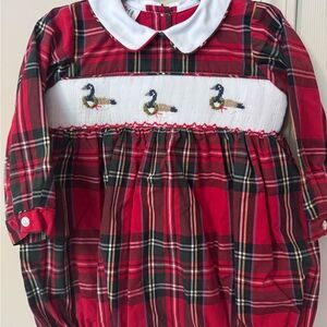 12m Christmas Goose Smocked Red Plaid Bubble - Ruth and Ralph